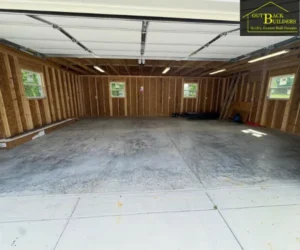 An exterior view of a custom-built residential garage structure